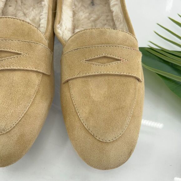 Birdies Womens Size 10.5 The Vesper Penny Loafers Slippers Suede Tan Faux Fur - Picture 6 of 13